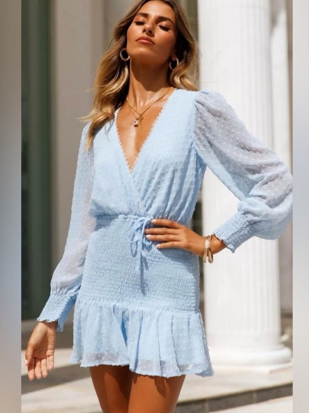 Hello Molly Come Over Later Smocked Swiss Dot Mini Dress Light Blue 4